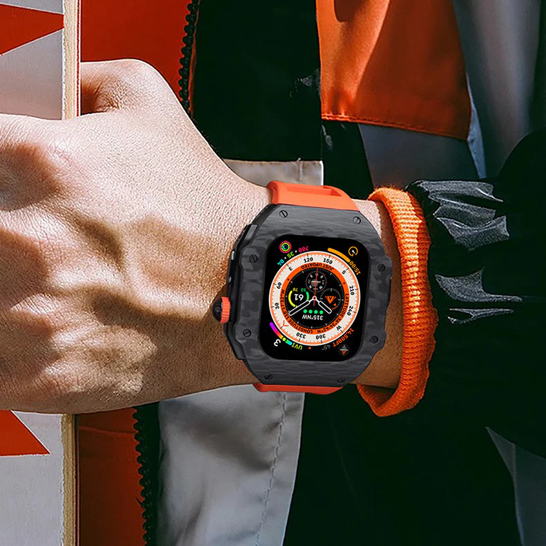 LUX8008 Fluororubber Band 316L Stainless Steel Carbon Fiber Case Retrofit Kit For Apple Watch