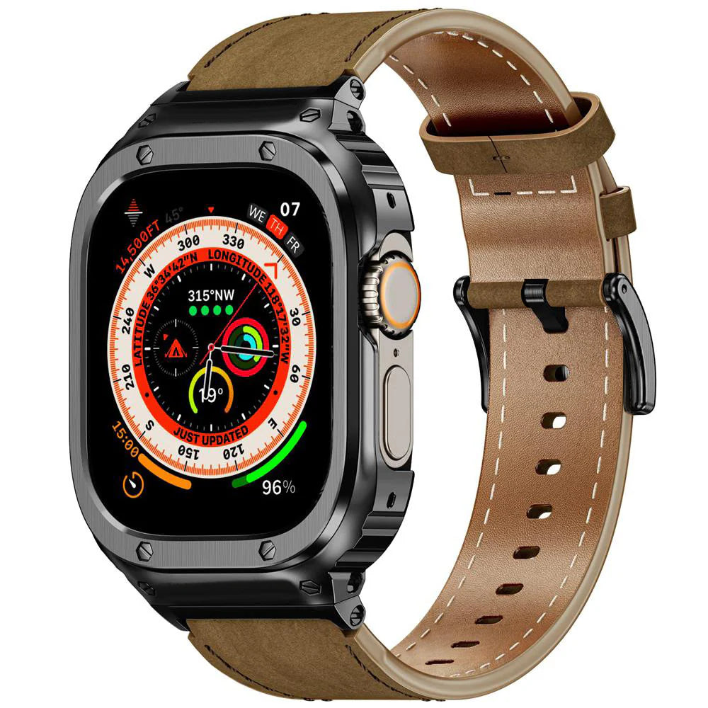 LUX7009 Stainless Steel Case with Leather Band For Apple Watch
