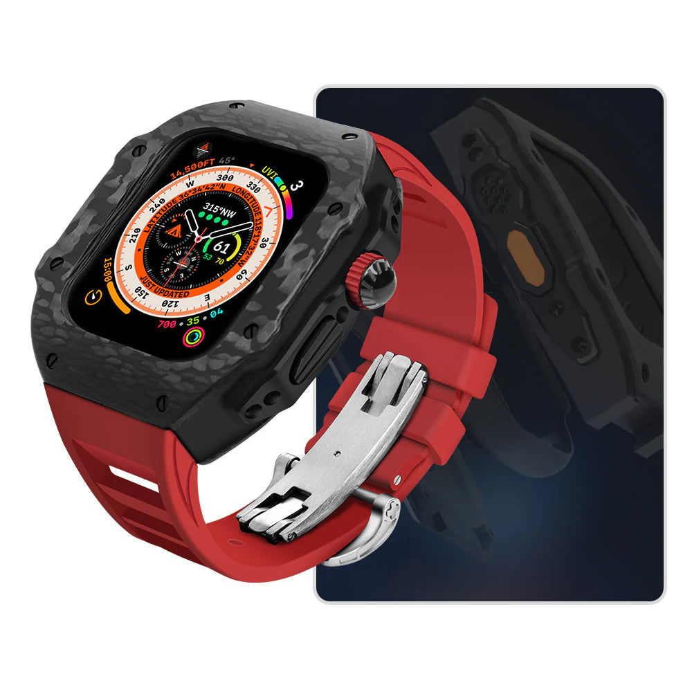 LUX8008 Fluororubber Band 316L Stainless Steel Carbon Fiber Case Retrofit Kit For Apple Watch