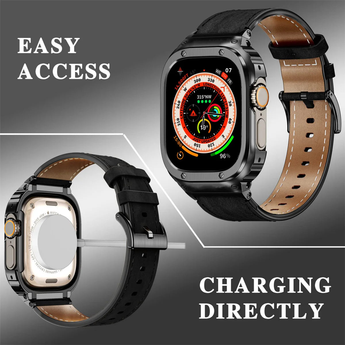 LUX7009 Stainless Steel Case with Leather Band For Apple Watch