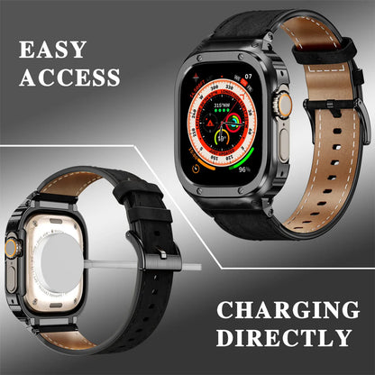 LUX7009 Stainless Steel Case with Leather Band For Apple Watch