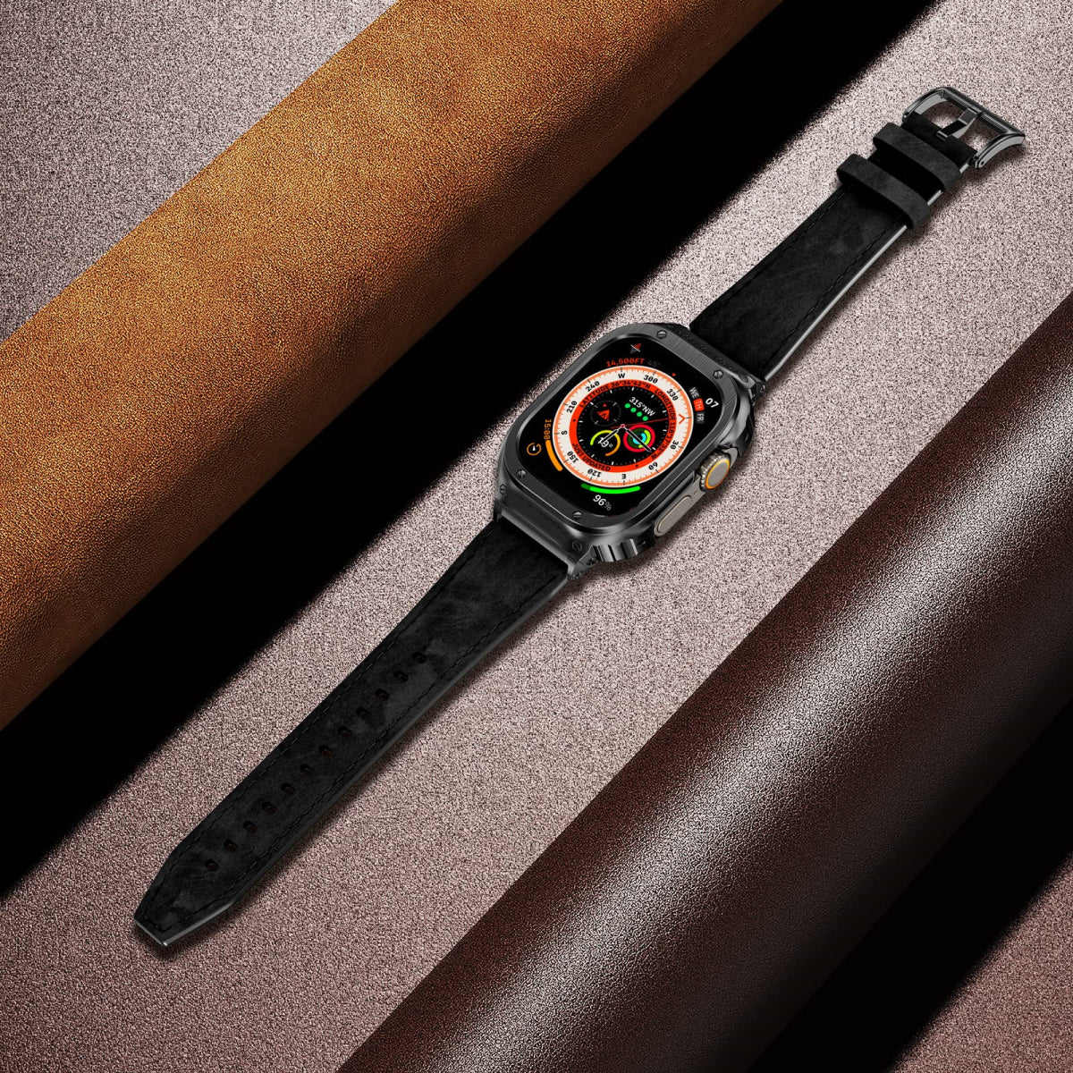 LUX7009 Stainless Steel Case with Leather Band For Apple Watch