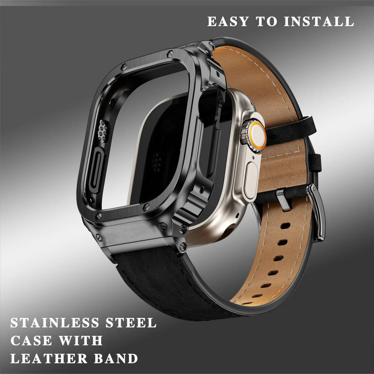 LUX7009 Stainless Steel Case with Leather Band For Apple Watch