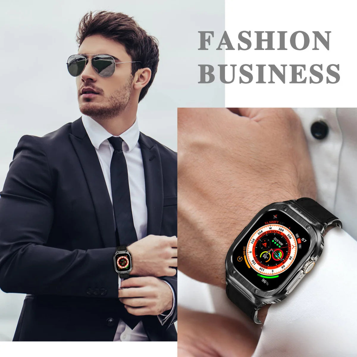LUX7009 Stainless Steel Case with Leather Band For Apple Watch