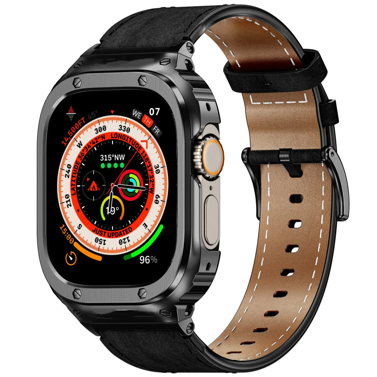 LUX7009 Stainless Steel Case with Leather Band For Apple Watch