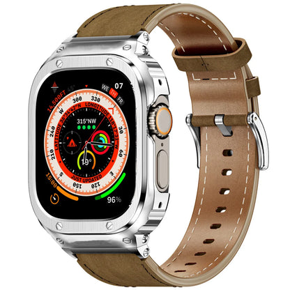 LUX7009 Stainless Steel Case with Leather Band For Apple Watch