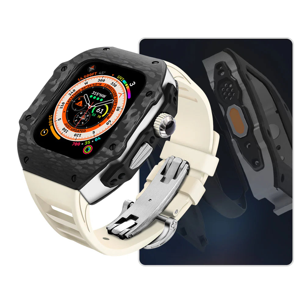 LUX8008 Fluororubber Band 316L Stainless Steel Carbon Fiber Case Retrofit Kit For Apple Watch